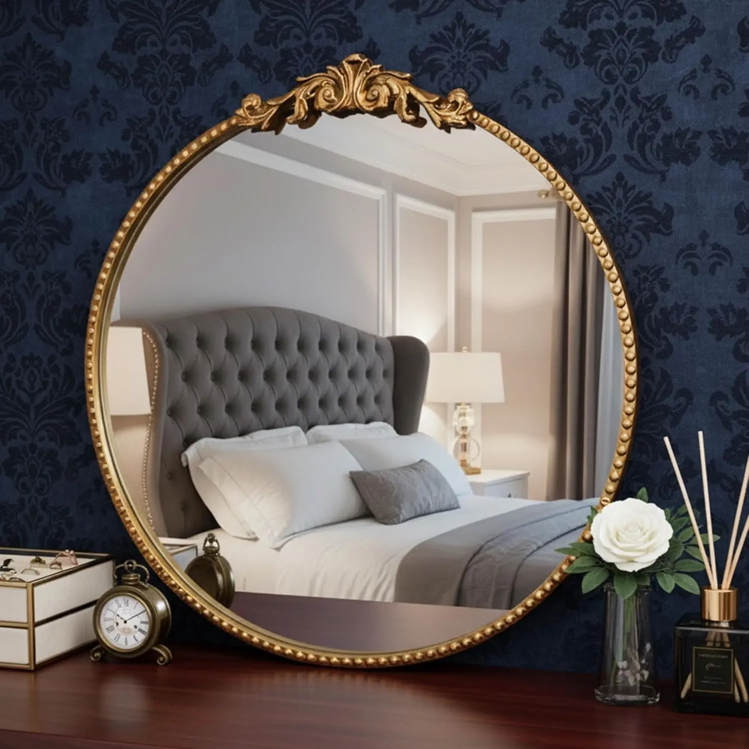 24-Inch Round Ornate Gold Glass Wall Mirror, Vintage European-Style Decorative Accent Mirror with Intricate Carvings, Easy Installation for Elegant Room Decoration & Reflection Hanging