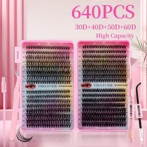 CHATCHE 640pcs DIY Eyelash Extension Kit 30D-100D Cluster Lashes Wispy Fluffy Volume with Bond Seal Tweezers for Salon-Quality Look