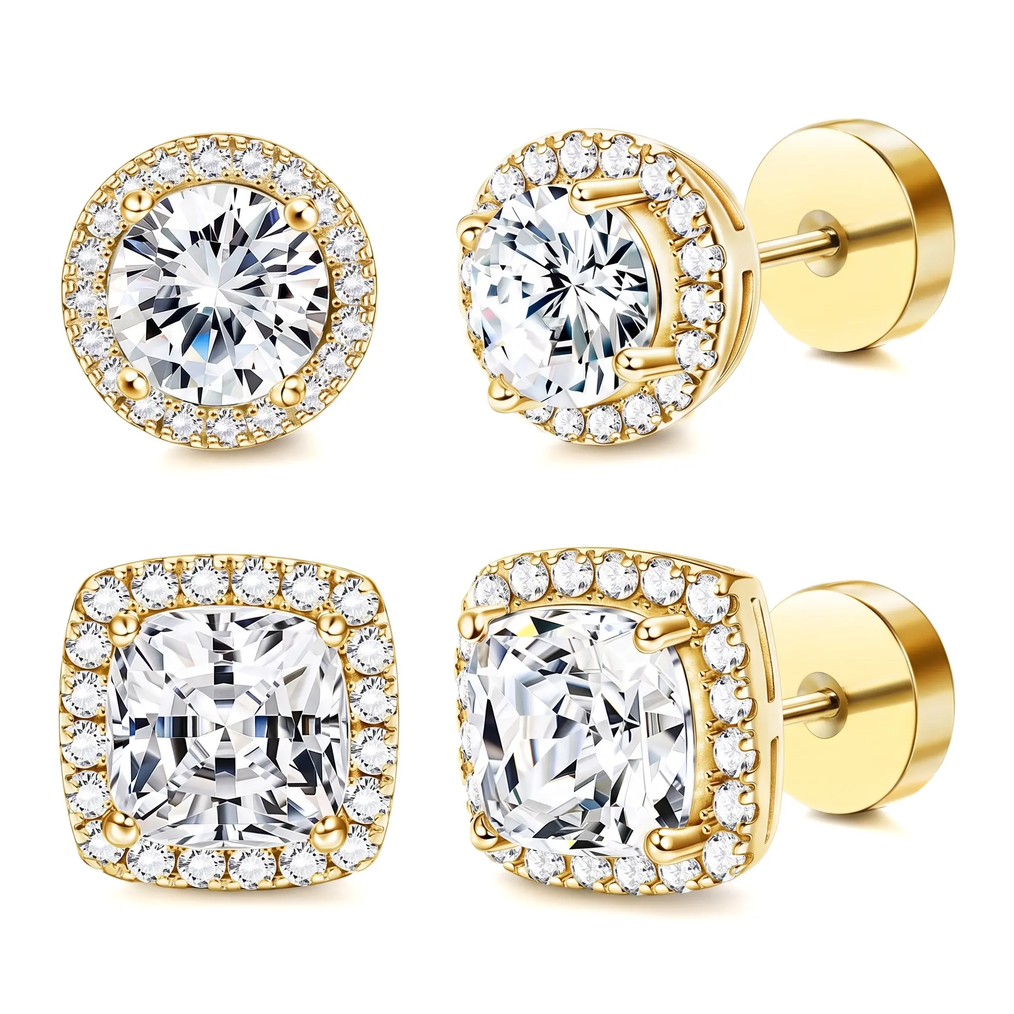 2Pairs Halo Moissanite Stud Earrings Set, Round & Square Cut Moissanite Earrings with Screw Back, 14K Gold Plated Hypoallergenic Jewelry for Women