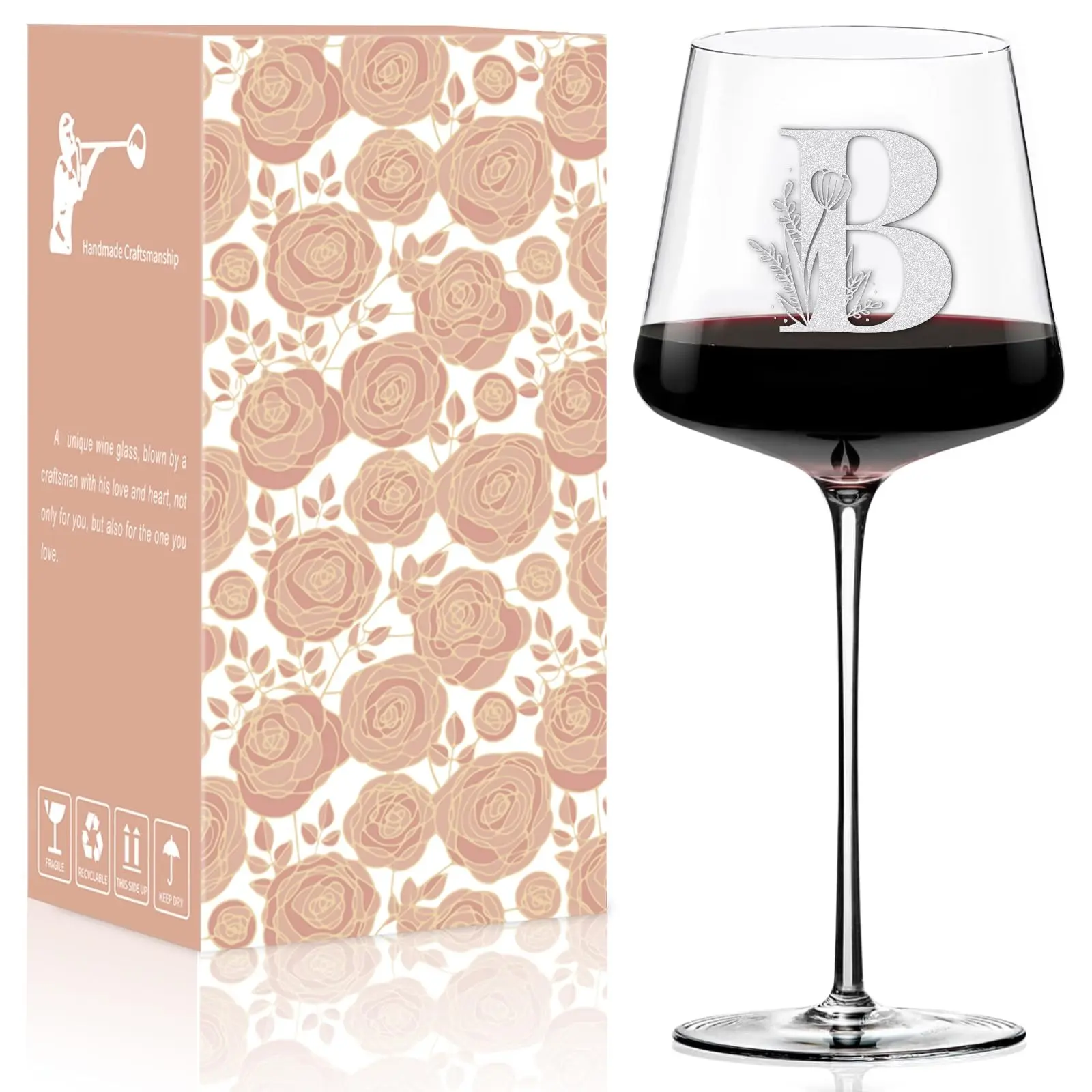 Physkoa Personalized Initial Letter Round Red Wine Glass - Durable Glass, 500-1000ml Stylish Drinkware, Custom A-Z Monogram Gift for Women, Adults, Birthday Wine Gifting