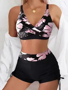 2-Piece Tankini Women's  Swimsuits Set - Printed Vest & Belly-Covering Shorts, Floral/Tropical/Flower Print Tankini with Shorts, Ideal for Beach Vacations & Casual Wear