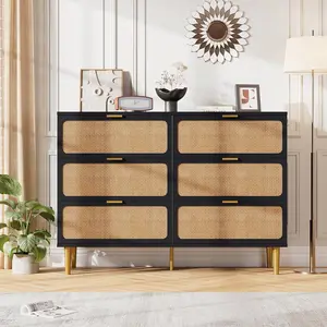Black Rattan 6 Drawer Dresser for Bedroom Large Double Dresser with Deep Drawers Long Wooden Chest of Drawers for Closet with Wide Top for Living Room/Hallway/Kids Room -Black