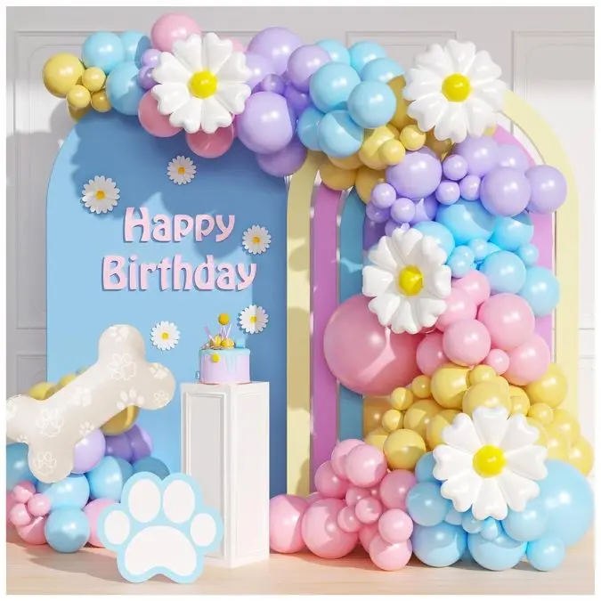 161PCS Dog Paw Balloon Arch Kit – Pastel Pink, Blue, Yellow & Purple Balloons with Dog Bone & Daisy Balloons, Puppy Dog Birthday Party Decorations, Baby Shower Supplies & Pet Theme Party Decor