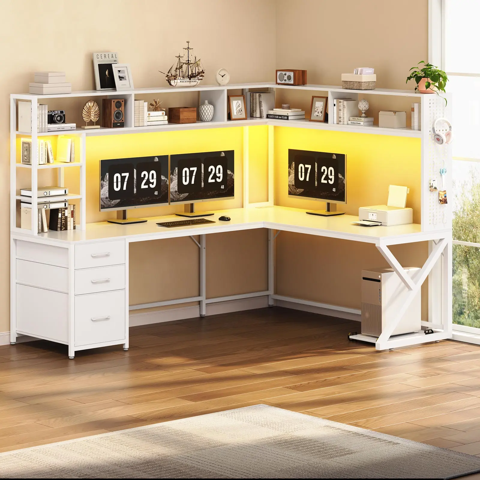Sedeta 94.5" L-Shaped Convertible Corner Home Office Workstation - Convertible to 94.5" Straight Desk, Durable Tech-Integrated Multi-Purpose Desk with Storage Shelves, Hutch, Drawers, Power Outlet, LED Lights, Pegboard, Monitor Stand, Rgb Led Lights