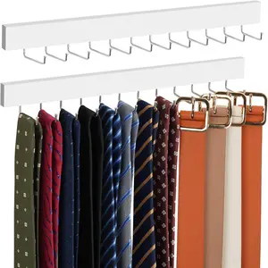 2 Pack Wodden Tie Hanger Wall Mounted, Space Saving Belt Organizer for Man with 24 180 Rotating Hooks, Space Saving Belt Storage Holder, White