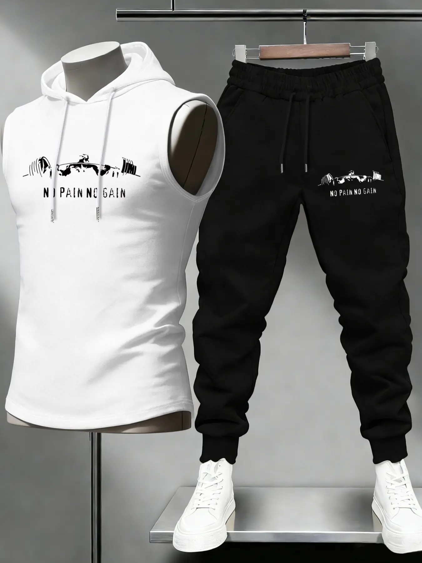 Men's 2-Piece Set Weightlifting Graphic Print Hooded Sleeveless Vest + Casual Waist Drawstring Pants, Outdoor Sports Daily Wear, Streetwear Tracksuit Set, Sports Clothing Set