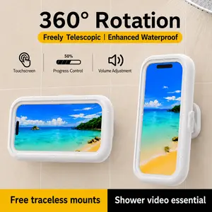 【summerwins】Waterproof phone mount for showers and bathrooms—360° smooth rotation, anti-fog protective case, responsive full HD touchscreen, includes 4 tool-free adhesive wall mounts, compatible with 4- to 7-inch smartphones