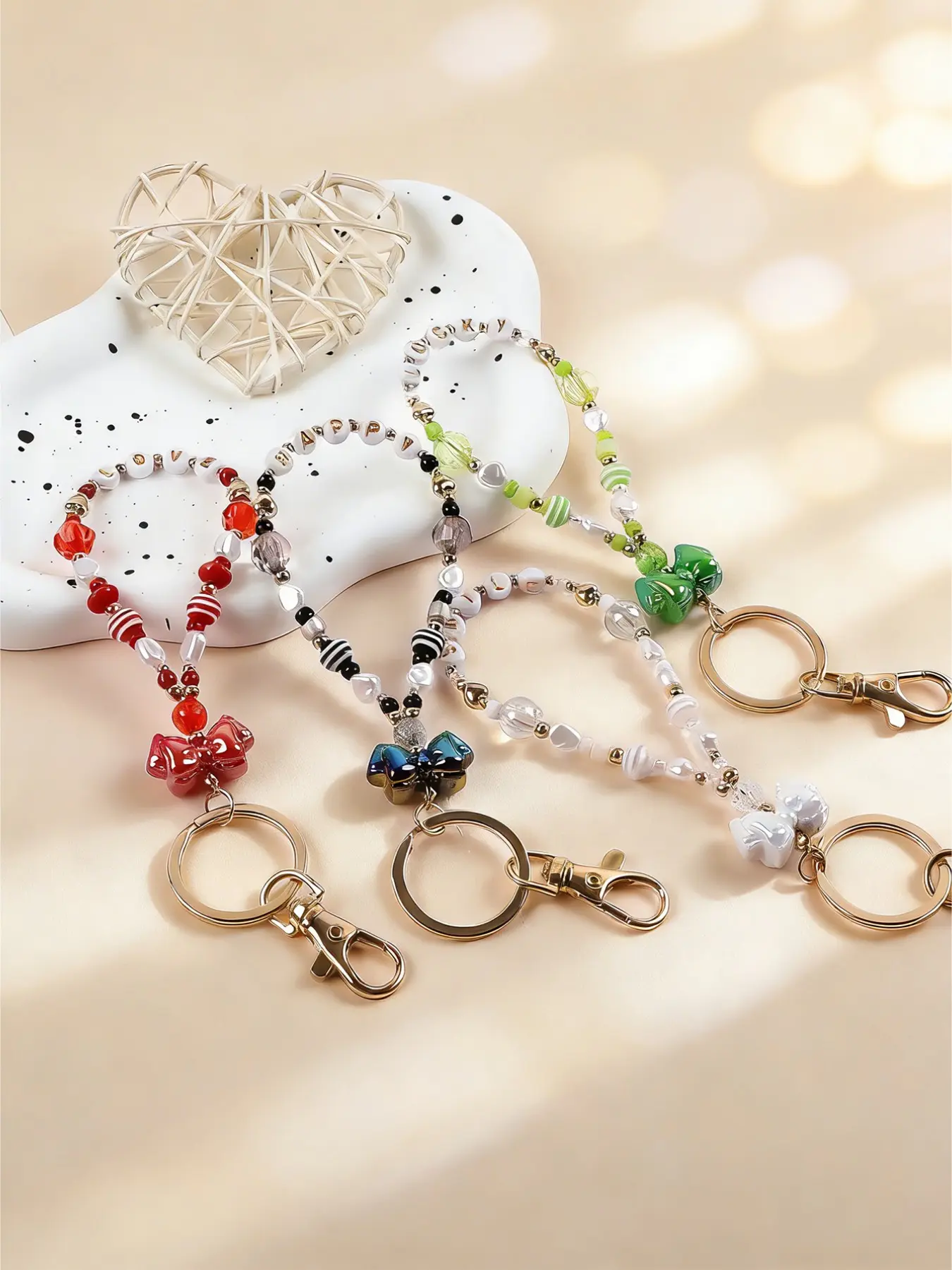 Beaded Keychain Acrylic Resin Bow Pendant Bag Charm Multiple Colors Elegant Ladies Keyring Lettered Wristband Ideal Gift for Women Girls