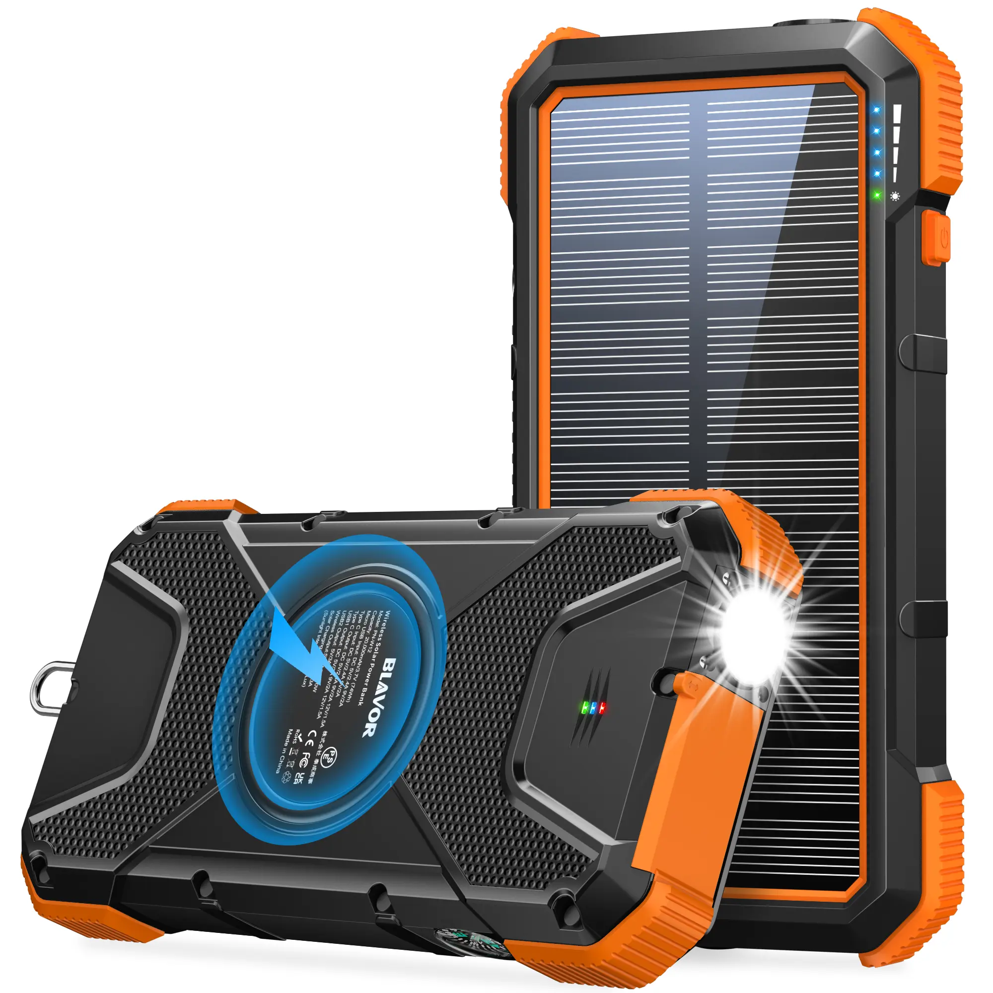 BLAVOR Solar Power Bank QC3.0 Fast Charging 10W Wireless Charger 20000mAh Solar Powered Powerbank with Type C Input/Output, IPX5 Waterproof, Camping Flashlight, Compass, Carabiner tiktokshopbacktoschool