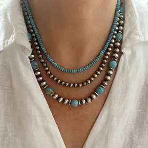 3-Layer Turquoise and Silver Beaded Necklace, Bohemian Stackable Dainty Design - Ideal for Vacation, Western Style Sports & Outdoor Accessory summervibes