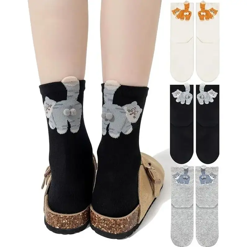 Women's Cute Cat Socks with 3D Pompom Balls 3 Pairs - Novelty Cartoon Kitten Crew Socks, Soft Fuzzy Fun Animal Socks for Cat Lovers, Cozy Comfort Fit Elegant Everyday