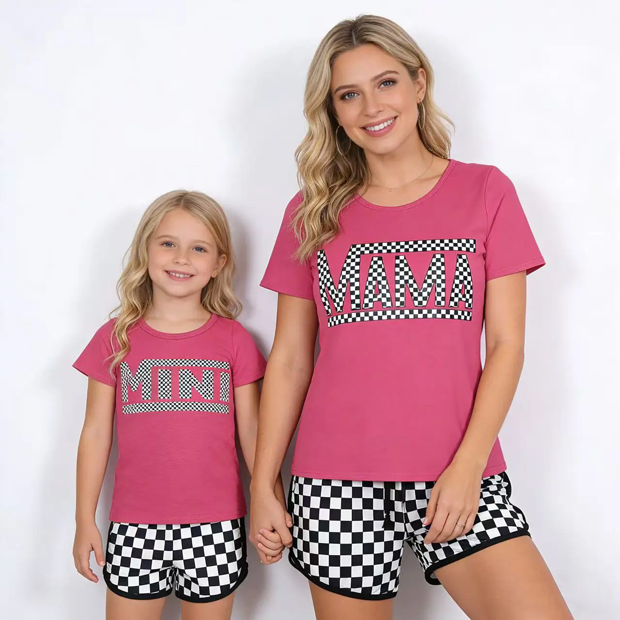 Mommy and Me 2-Piece Casual Fashion Checkerboard Short Sets, Hot Pink Matching Outfits for Mom and Daughter (Kids' Girls' Suits & Sets), Casual Fashion Set