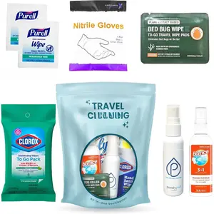 Travel Cleaning Kit - Travel Size Cleaning Supplies For Hotels, Bathrooms with Gloves, Surface Wipe, Fabric Cleaner, Air Cleaner, Hand Wipes, Bed  Wipes
