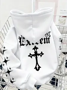 Men's 'Extrem' Gothic Long Sleeve Hoodie | Oversized Casual Fit, Cross & Star Print | Trendy Dark Streetwear Essential | Perfect for Edgy Urban Style Enthusiasts