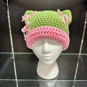 Cat Ear Beanie with Bows B - Green and Pink Crochet Hat for Cat Ear Design.