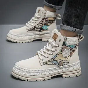 Men's High Top Canvas Boots with Bear Print - Non-Slip Platform Casual Ankle Boots, Fashion Lace-Up Work Shoes for Streetwear