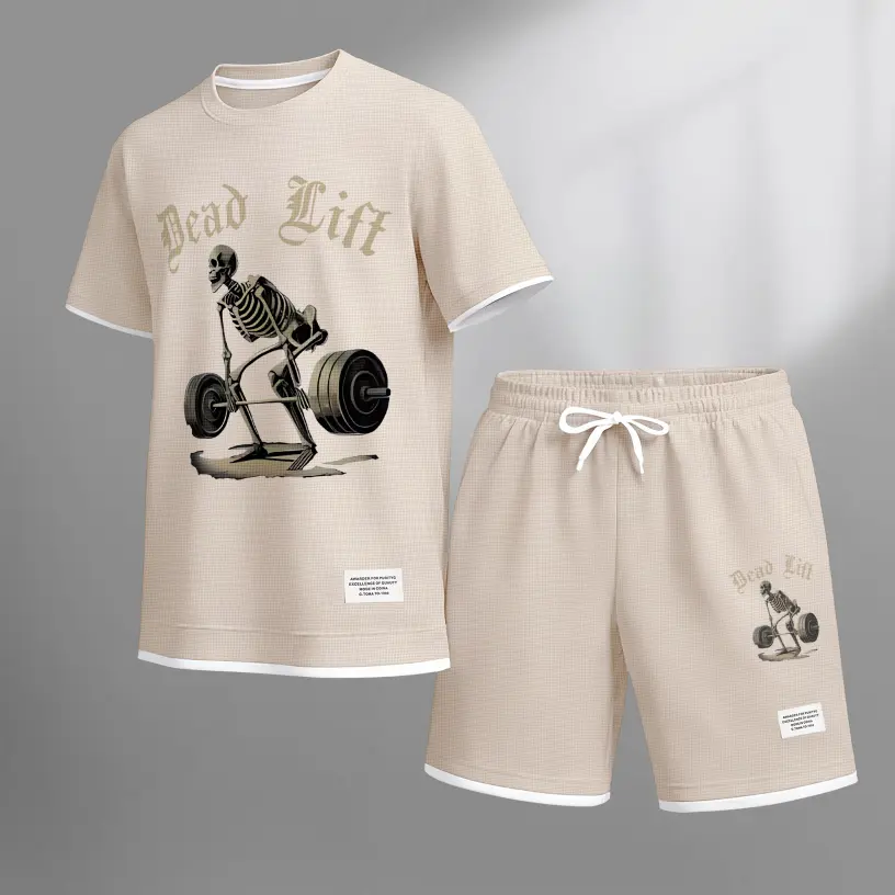 Men's Dead Lift print drawstring shorts set for spring/summer, a casual summer outfit including a short-sleeved shirt and shorts, suitable for everyday wear and sports. A two-piece set for a relaxed and energetic lifestyle.