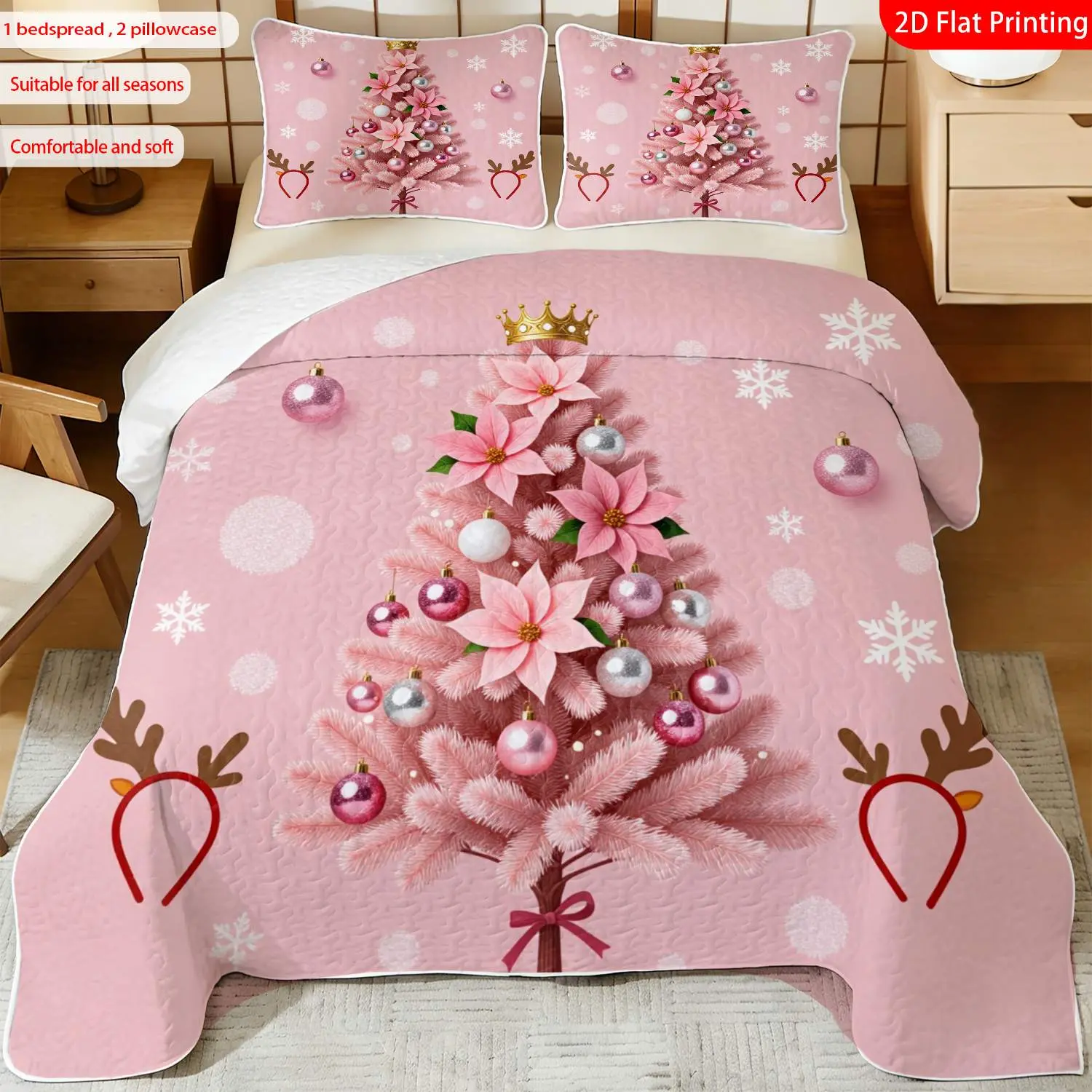 3pcs, 2D flat print Pink Christmas Tree Pattern Bedspread Set with Poinsettia & Reindeer Design, multiple sizes available, bedding set, festive decorative bedding, ideal for bedroom décor(1 bedspread , 2 pillowcase)
