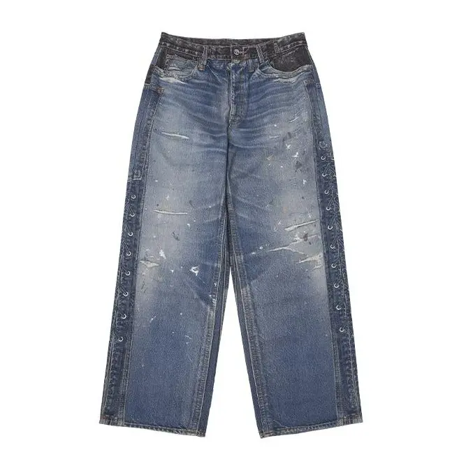 Inflation Men's 100% Cotton Mid-Waist Straight Leg Spliced Digital Print Casual Denim Jeans - Height-Enhancing, Pocket-Equipped, All-Seasons Niche Streetwear Trousers