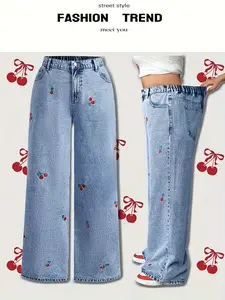 KCGH Fall Plus Size Womenswear Jeans for Women, Cherry Embroidery Details Loose Straight Leg Jeans, Comfortable Denim Pants