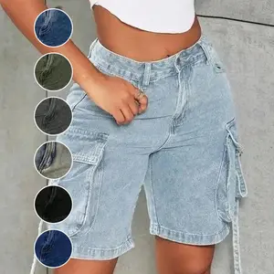 Y2K Street High Waist Flap Pocket Tape Detail Work Cargo Denim Bermuda Wide Leg Jean Shorts Summer Comfy Jorts Blue Casual Women's Bottoms Basic Fabric Fit Womenswear Polyester Streetwear Trouser Minimalist
