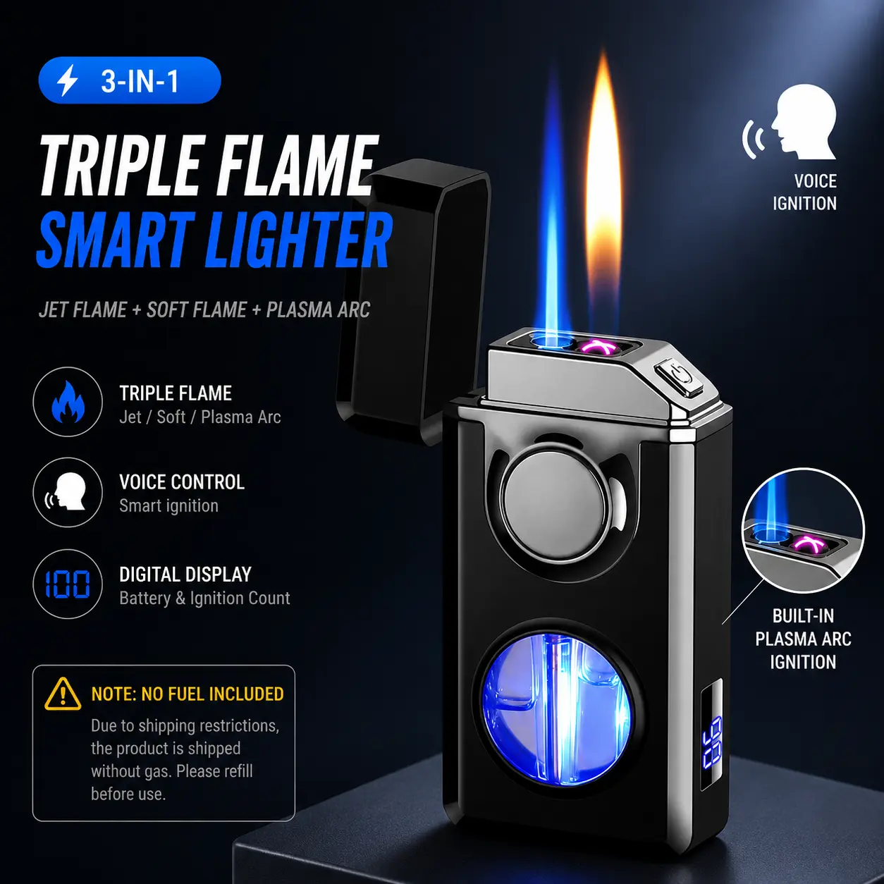 3-in-1 Compact Voice Control Electronic Lighter Accessory - Switchable Jet Flame, Soft Flame, Plasma Arc, Digital Display, USB Rechargeable - Traditional Candle/Kitchen Use, Adult-Friendly, NO FUEL INCLUDED, Ships Empty