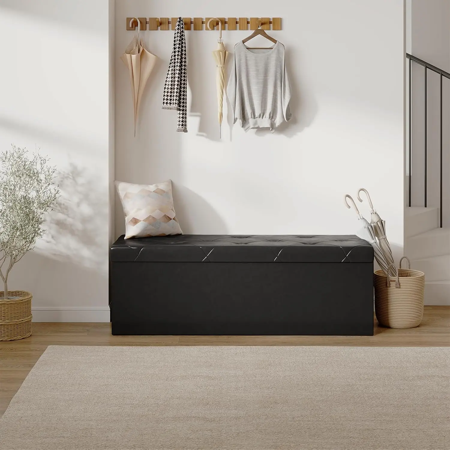 Extra Sturdy Black Storage Ottoman Bench 30/43 inch - Foldable Footrest Stool with 660LBS Capacity, Synthetic Leather Chest for Living Room, Bedroom, Entryway