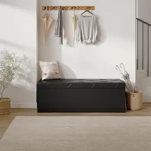 Extra Sturdy Black Storage Ottoman Bench 30/43 inch - Foldable Footrest Stool with 660LBS Capacity, Synthetic Leather Chest for Living Room, Bedroom, Entryway