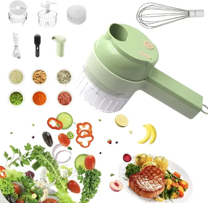 5-in-1 Cordless Electric Handheld Food Chopper, Multifunctional Vegetable Slicer Meat Garlic Grinder Egg Whisk with Cleaning Brush, Portable Kitchen Gadget for Salad Prep Food Processing