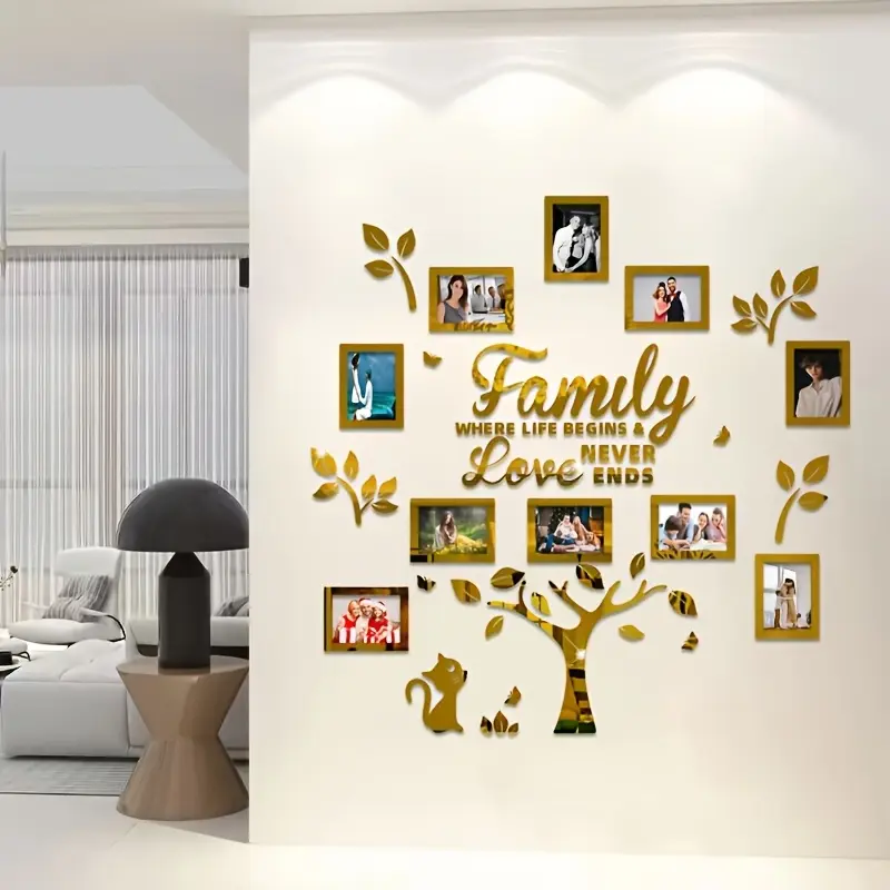 1pc Golden Glossy Removable Acrylic Family Tree Wall Decals, DIY Photo Frame Sticker Packs, Home Decor Decoration, Ideal Valentine’s Day/Mother’s Day Gift for Living Room Weddings