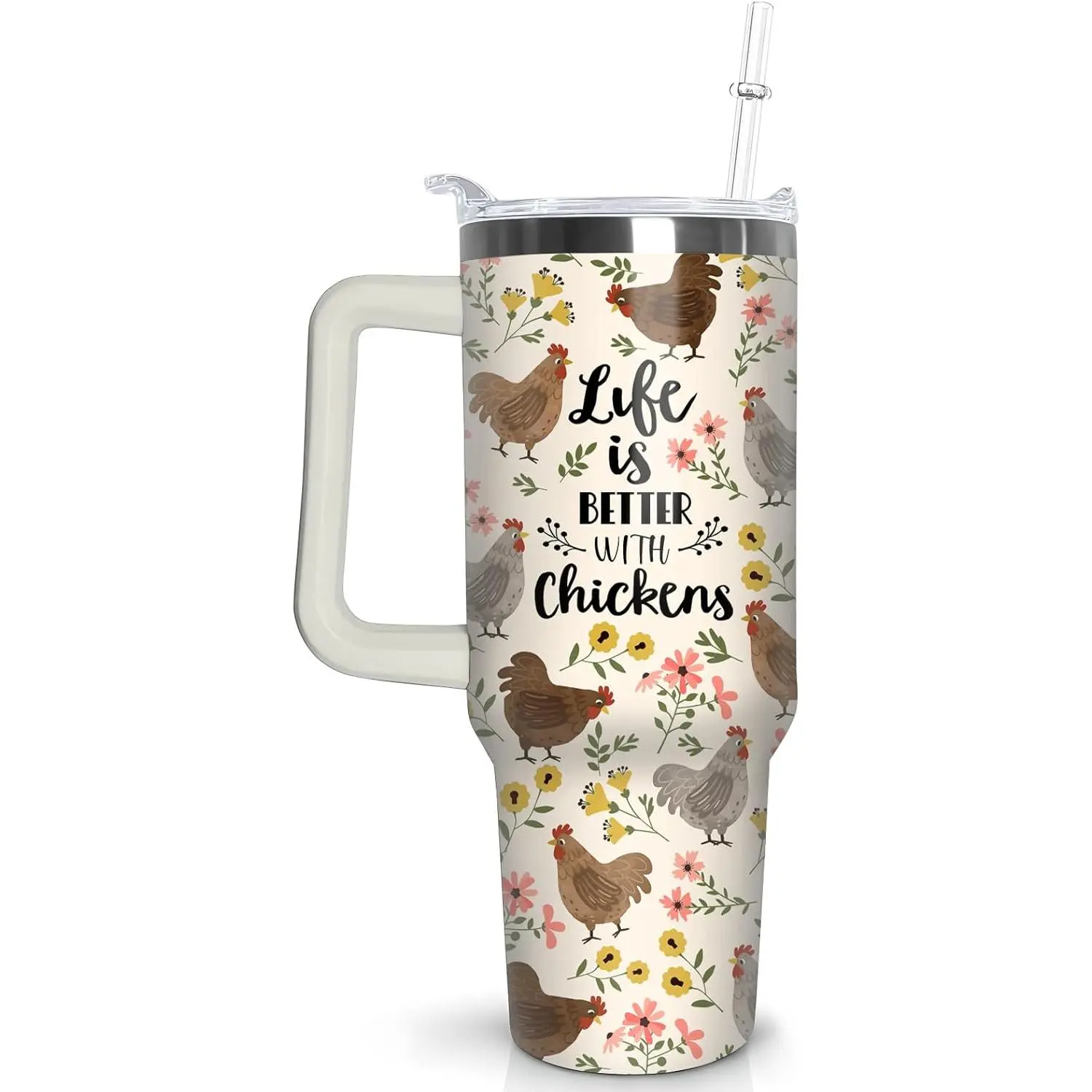 40 oz Reusable Stainless Steel Vacuum Insulated Coffee Tumbler - Insulated Mug Tumbler Vacuum Flask with Handle, Straw, Lid, Floral Rooster Design, Women's Birthday Gift, Kitchenware Drinkware Accessory, Insulation, Insulated Mug Tumbler Vacuum Flasks