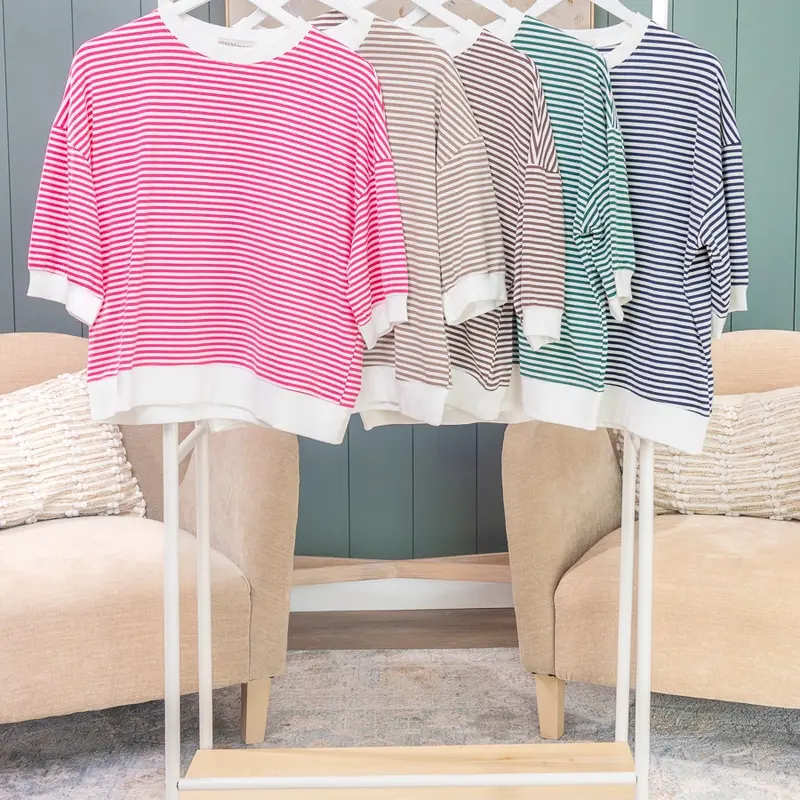 Women's Zenana Striped Contrast Trim Banded Bottom Blouse - Short Sleeve Cotton Spandex Casual Tshirt, S-3X