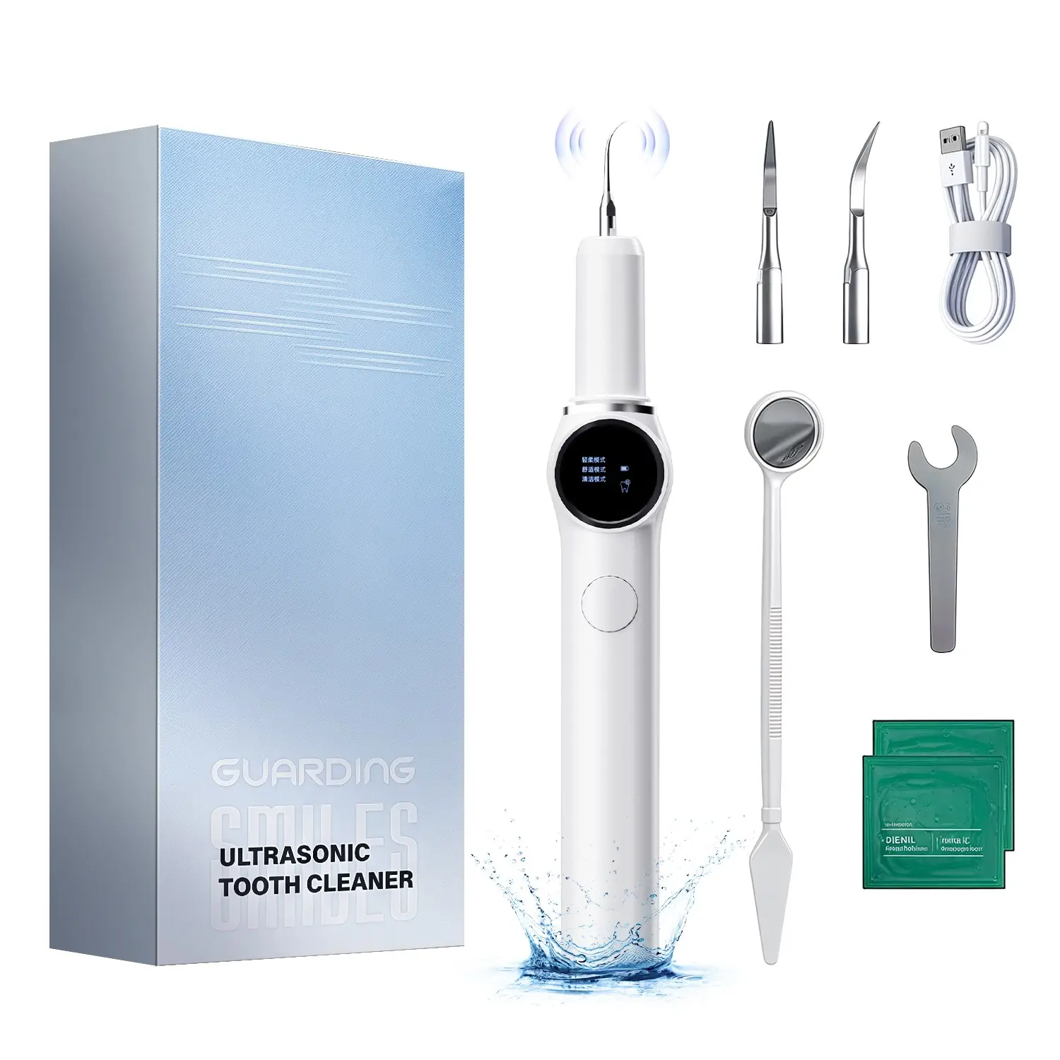 Portable Plastic Oral Plaque Remover Youth Teeth Cleaning Kit - Rechargeable, 5 Adjustable Modes, LED Light, 2 Replaceable Heads for Home & Travel Oral Irrigator