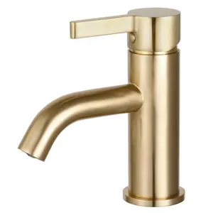 212 MAIN Brass Alloy Single-Handle Modern Lever Bathroom Faucet with Faucet Attachment, Continental Fauceture Design, Brushed Brass Finish, Curved Spout, Streamlined Structure, Faucet Attachment Bathroom