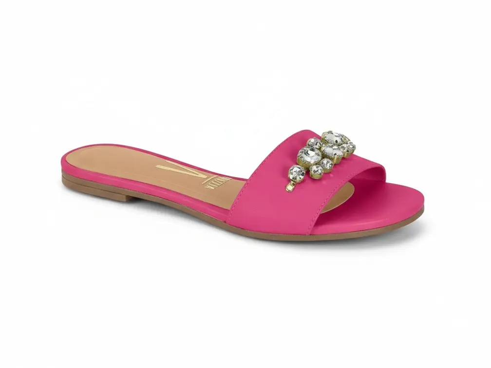 Vizzano Women's Flat Sandals, Synthetic Round Toe Resort Wear with Crystal Decor and a Padded Sole, Fuchsia Pink, Footwear, Classy Sandal, Party, Pearls, Casual, Elegant, Versatile, Flat Heel Sandals