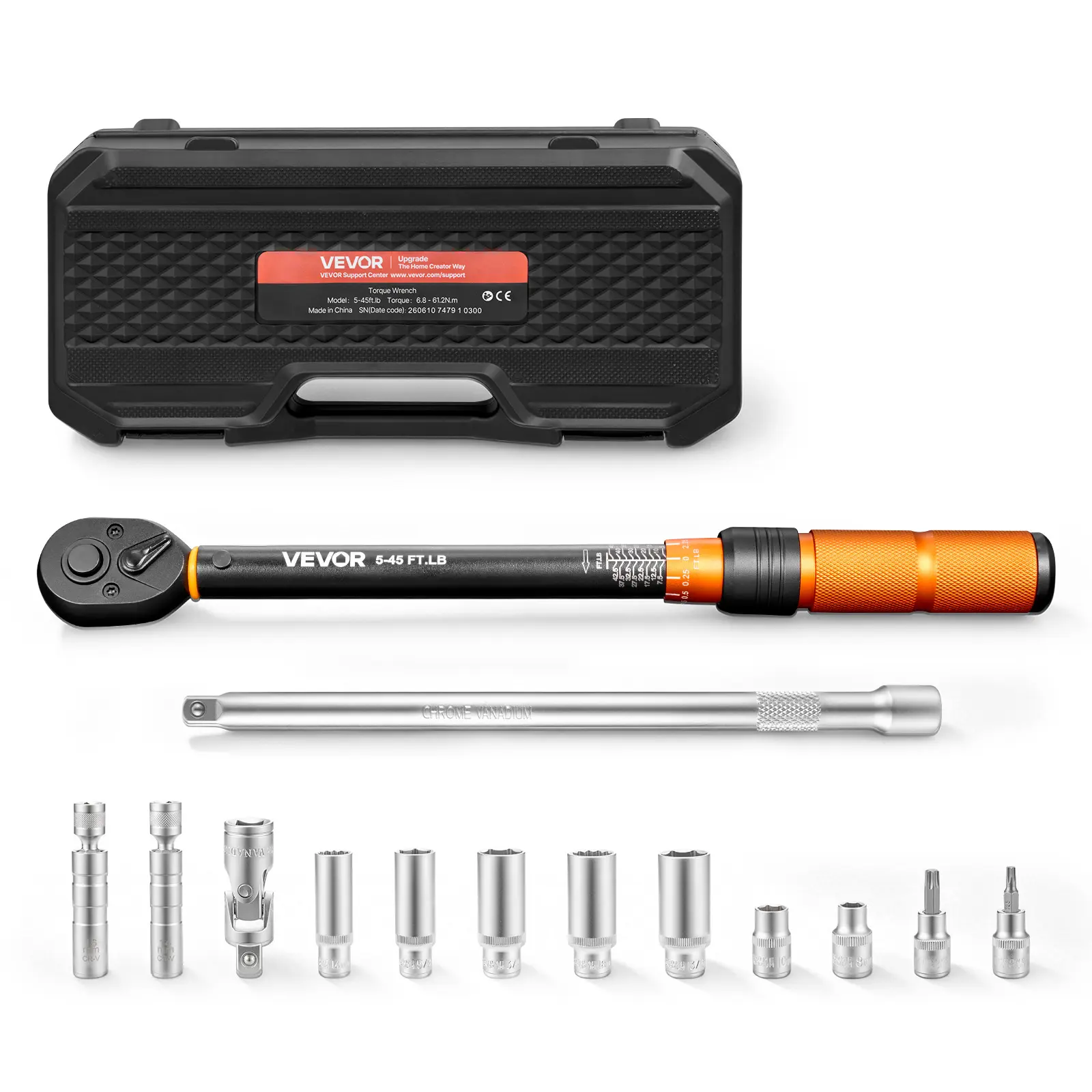 【summerfinds】VEVOR Torque Wrench 3/8-inch Drive Click Torque Wrench Dual Scale Readings, 5-45 lbf-ft / 6.8-61.2 N.m, ±3% High Precision, with Spark Plug Sockets, Bits, Universal Joint, Extension Bar, Storage Case