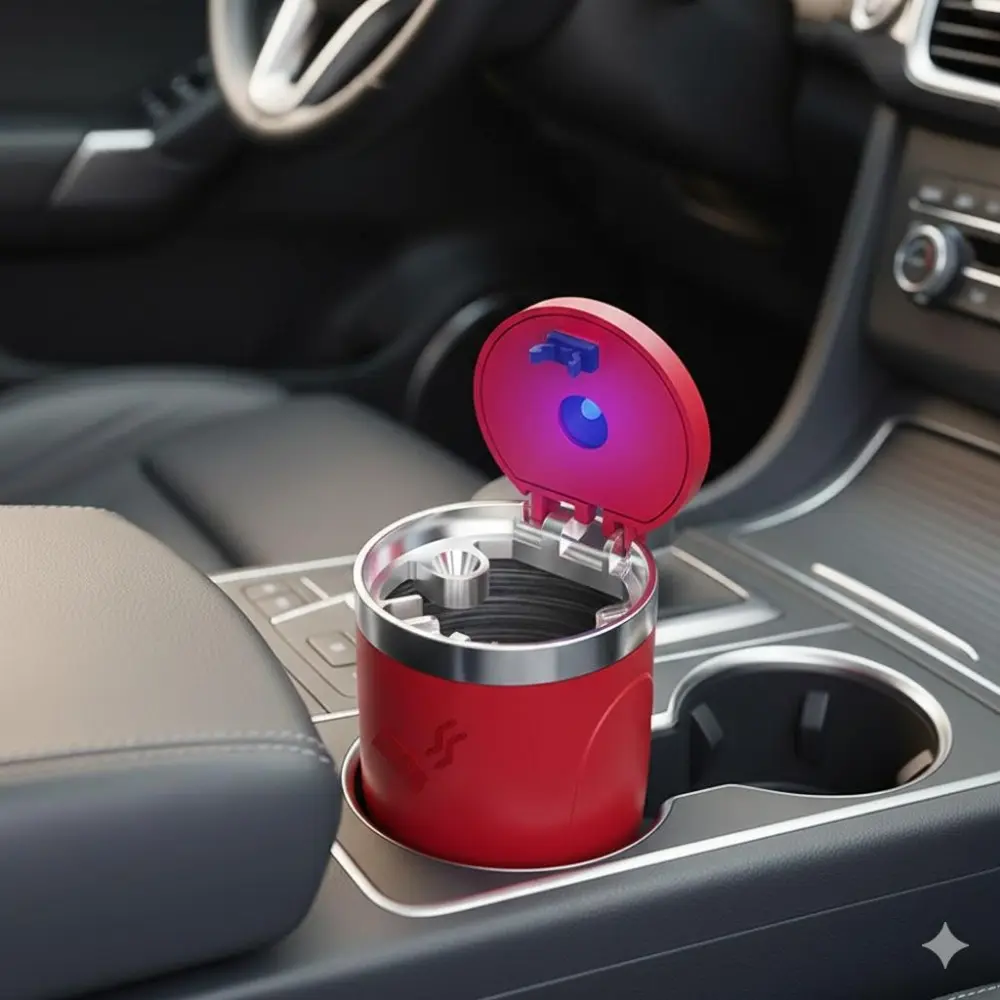 LED Car Ashtray with Ambient Light: Leak-Proof Stainless Steel Insert, Anti-Slip Base, Easy to Clean. Universal Fit for Cars & SUVs, Durable Smoking Accessory & Decorative Mood Light. Multi-Functional Interior Organizer, Auto Interior Organizers