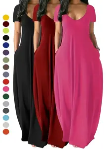 2026 Women's Long Nightgown, Coffee , Casual Round Neck short Sleeve PocketSleepwear, Soft Comfortable All-SeasonLoungewear