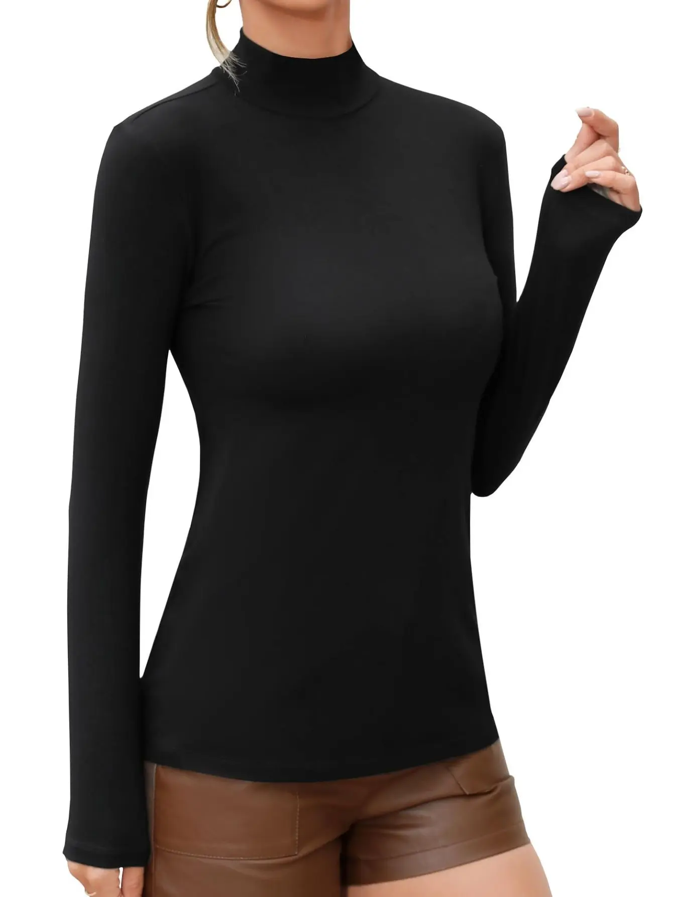 Women's Mock Neck Long Sleeve Top, Soft Smooth Slim Fit T-Shirt, Basic Lightweight Stretch Base Layer for Layering, Turtleneck, Sleeve Shirt, Elegance, Stretchy, Comfortable, Casual, Clothes, Minimalist, Longsleeves, Lady