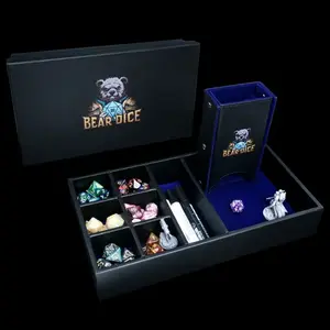 Bear Dice 4-in-1 Portable Leather Dice Storage Box with Dice Tray Tower & Roller for DND RPG Games - Black, High-Quality PU Leather, 6 Compartments, Ideal for RPG Players