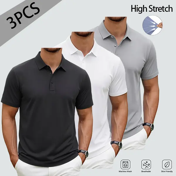 【3PCS】Men's Polo Shirt High Stretch Ice Silk Breathable Casual Fashion Daily Versatile Solid Color Slim Fit Short Sleeve