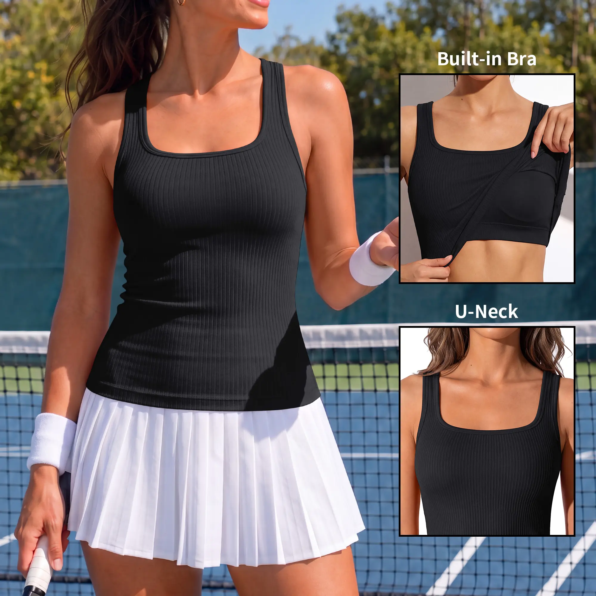 ATTRACO  Ribflex Tank Tops With Built-in Removable Bra Square Neck Female Yoga Athlete  SlimFit Seamless Built-in Bra Workout Tank Top