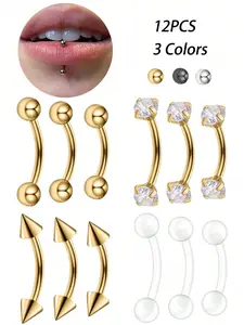 12PCS Curved Barbell Eyebrow Lip Bars 6mm 8mm 10mm Stainless Steel 16G Curved Barbell Piercing Jewelry Silver Gold Black