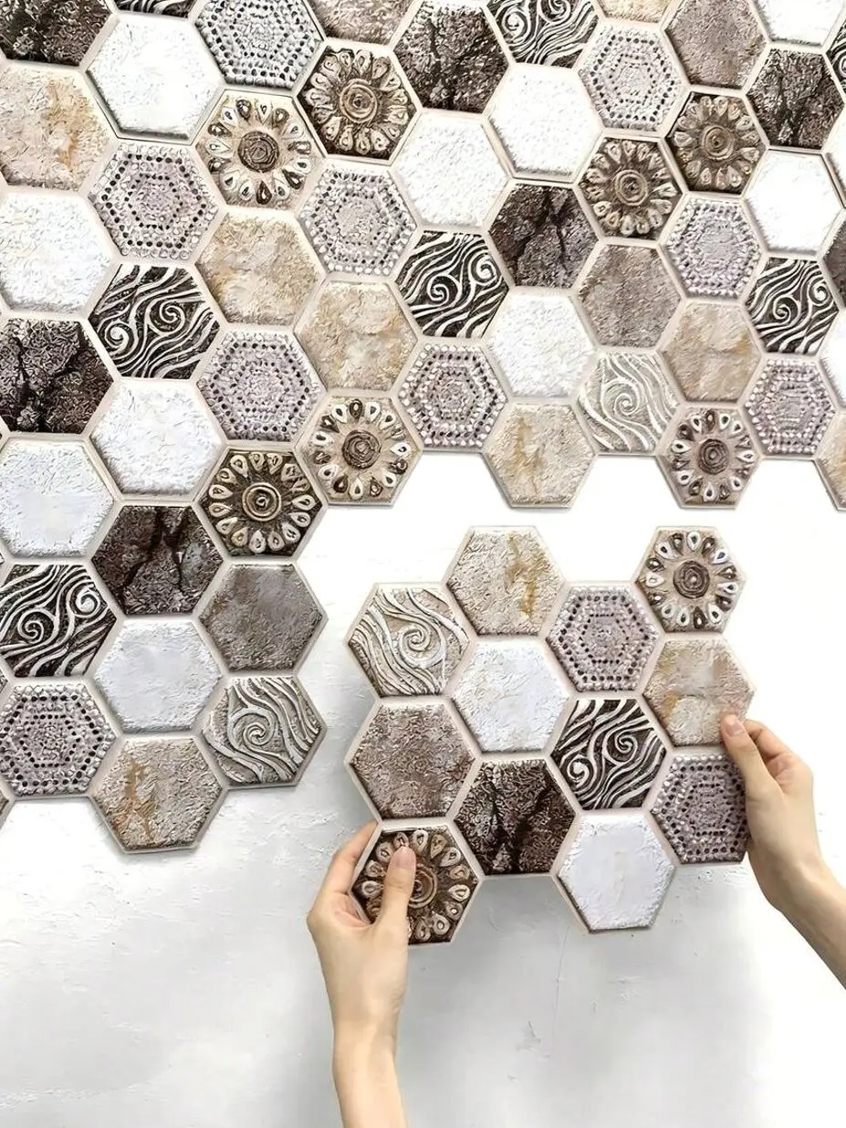 Bohemian 3D Peel And Stick Wall Tiles, Brown Hexagon Self-Adhesive Waterproof Backsplash Panels For Kitchen & Bathroom