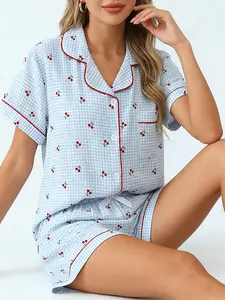Energetic Blue Gingham Cherry Pajama Set Pjs Pyjamas for Women, Button Down Short Sleeve, Spring Summer Lightweight Casual Loungewear, Red Cherry Print, Cute Home Outfit