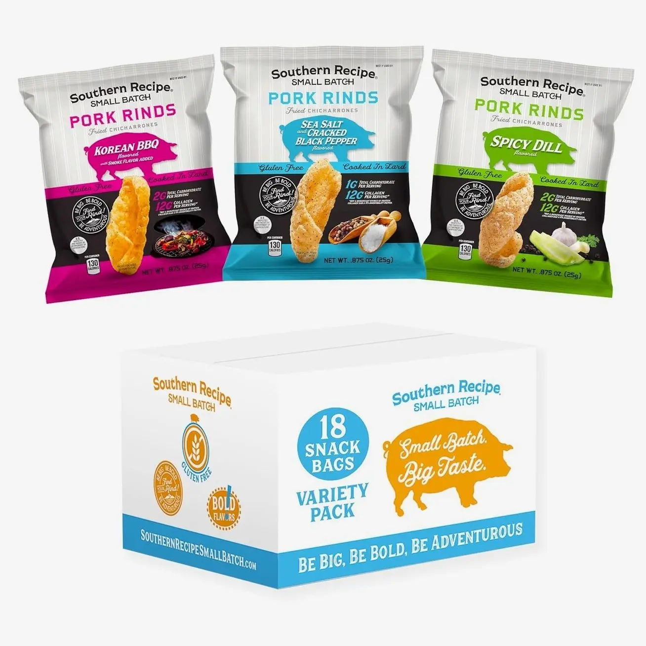Pork Rinds Variety Pack | Salt & Pepper, Korean BBQ, & Spicy Dill | Southern Recipe Small Batch Chicharrones | Keto Friendly & Low Carb | Snack Bag (18 Count)