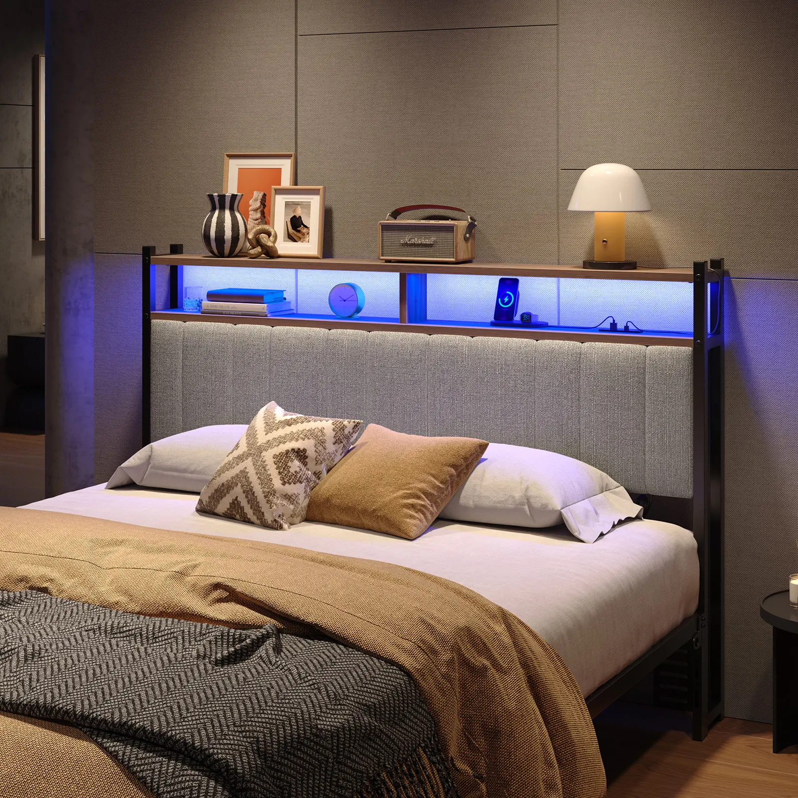 Pinmoco Linen Upholstered Lighted Headboard - LED Light, Storage, USB Port, Multi-Size Padded Headboard for Full/Queen/King Sizes