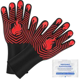 BBQ Gloves, 1472°F Heat Resistant Gloves Fireproof Mitts, Grilling Gloves Non-Slip Washable Oven Glove, Glove for, Grilling, Cooking, Baking, Camping, Smoker (Red)