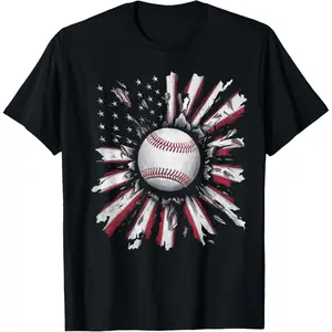 American Flag Baseball Player Bat Fan Catcher Pitcher USA T-Shirt