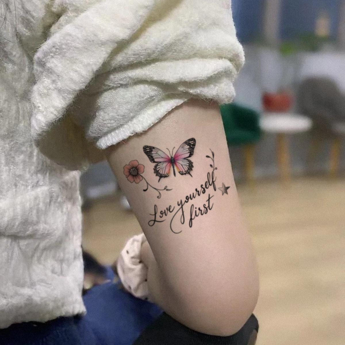 Butterfly Floral Quote Series Temporary Tattoo Stickers - 2 Sheets Semi-Permanent Waterproof Realistic Fake Tattoos, Single Item for Women, All Skin Types Ideal for Swimming, Party, Beach